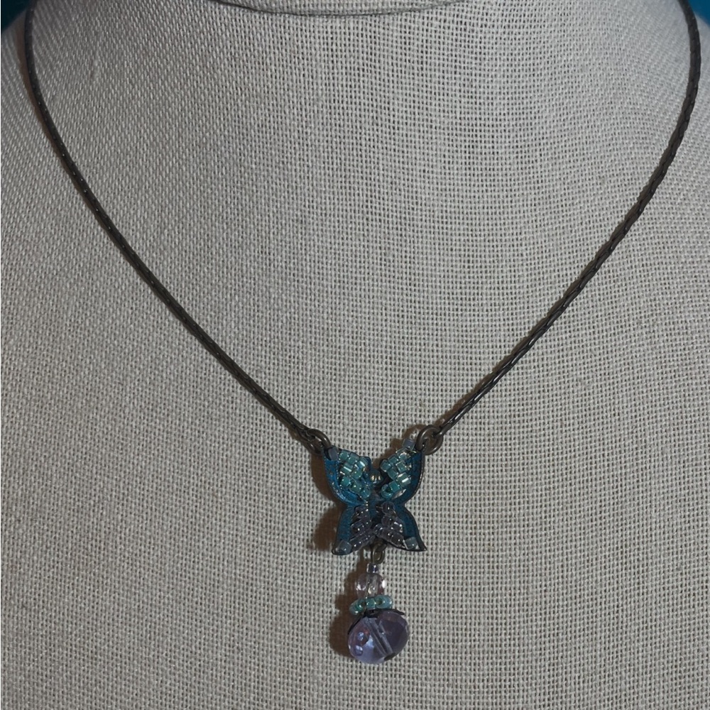 Satellite Paris vintage necklace butterfly beaded crystal dangle brass 15-18”